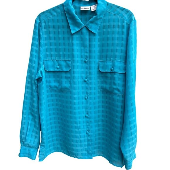 Liz Baker Womens Preppy Windowpane Semi Sheer Turquoise Blouse & Tank Set 16 - Picture 3 of 10